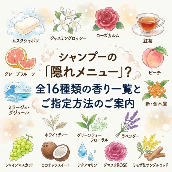 シャンプーの「隠れメニュー」？全16種類の香り一覧とご指定方法のご案内